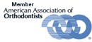 The image features a logo with text that reads  MEMBER AMERICAN ASSOCIATION OF ORTHODONTISTS  and includes an emblem resembling a set of teeth, alongside the letters  AAO  in blue.
