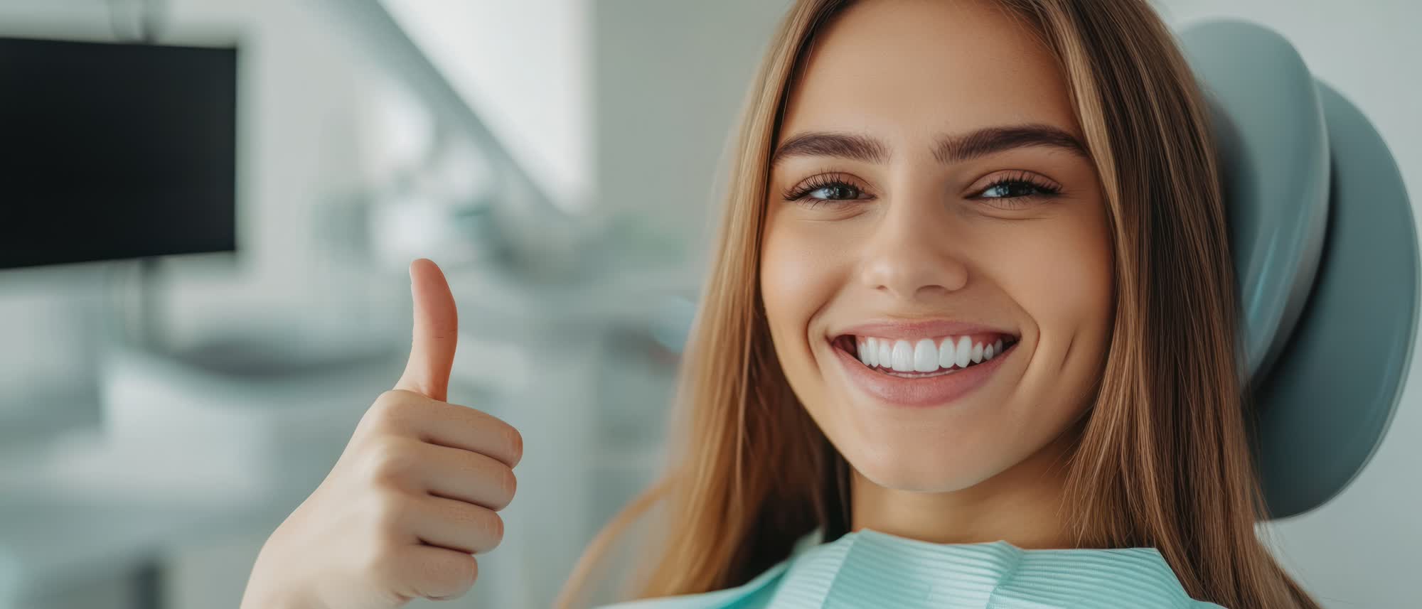 The image shows a smiling woman giving a thumbs-up gesture while wearing a dental headgear, with a blurred background suggesting a dental office setting.